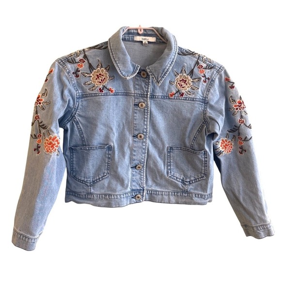 Hengsheng Betu Womans Embroidered Cropped Jean Denim Jacket Flowers US 4  EU 34 - Picture 1 of 8